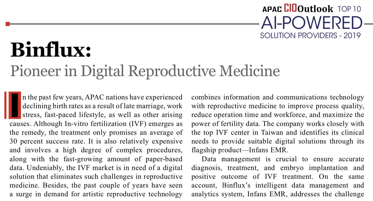 Top 10 AI-Powered Solution Providers of 2019" by APAC CIO Outlook Magazine